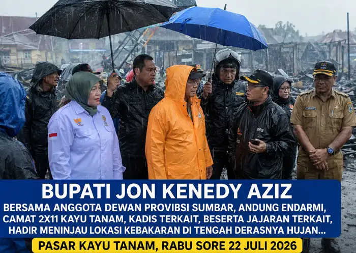 BUPATI JOHN KENEDY AZIS TETAP TURUN KE LOKASI! PEMKAB PADANG PARIAMAN GERAK CEPAT TINJAU KORBAN KEBAKARAN PASAR KAYU TANAM WALAU DIGUYUR HUJAN DERAS