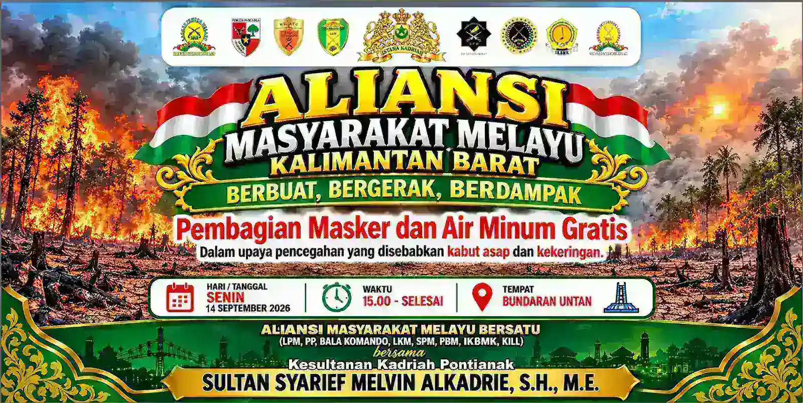Tanggap Bencana Asap, Aliansi Masyarakat Melayu Kalbar Bagikan Masker dan Air Gratis di Bundaran Untan 