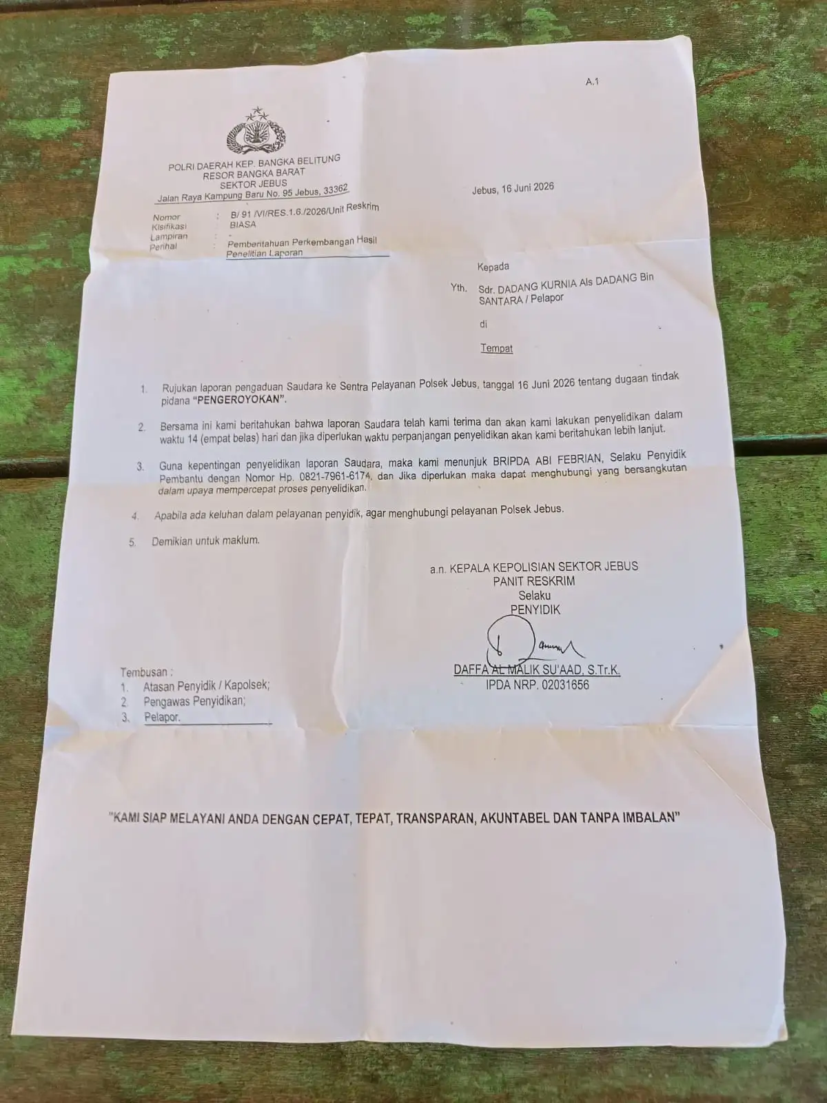 Masyarakat Jebus Menunggu Kepastian Hukum atas Laporan Dugaan Pengeroyokan